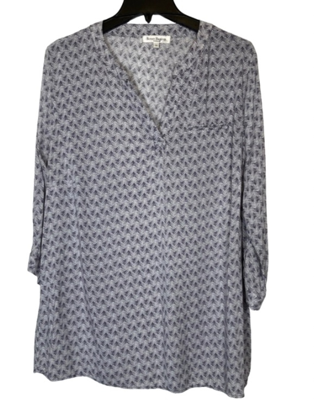 Susan Bristol Blue Gray White Geometric Chevron V-Neck 3/4 Roll-Tab Sleeve 2X